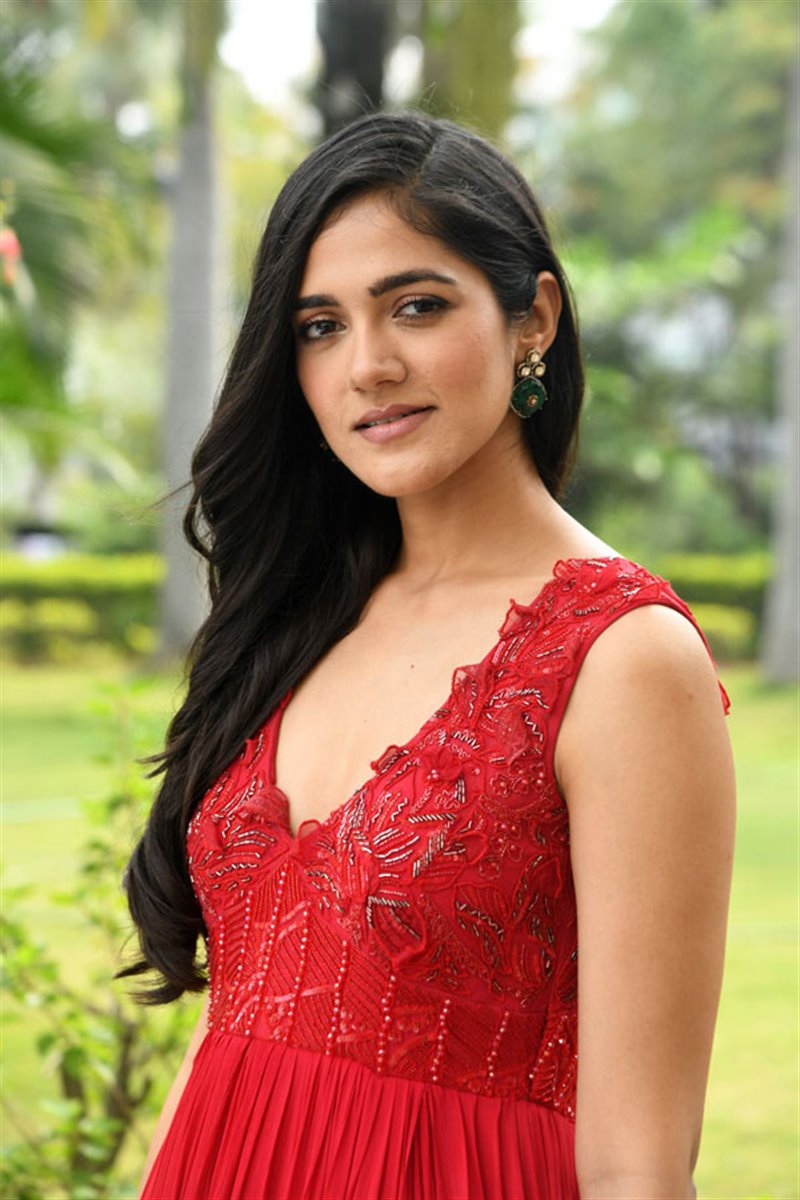 Telugu Actress Simran Choudhary in Red Dress at Atharva Movie Press Meet